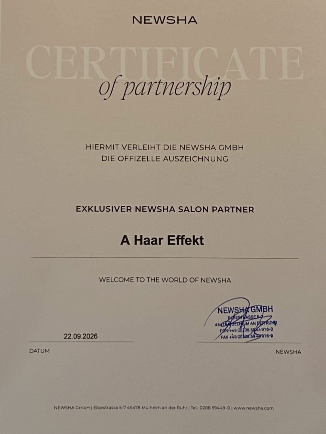NEWSHA Certificate of Partnership für A Haar Effekt